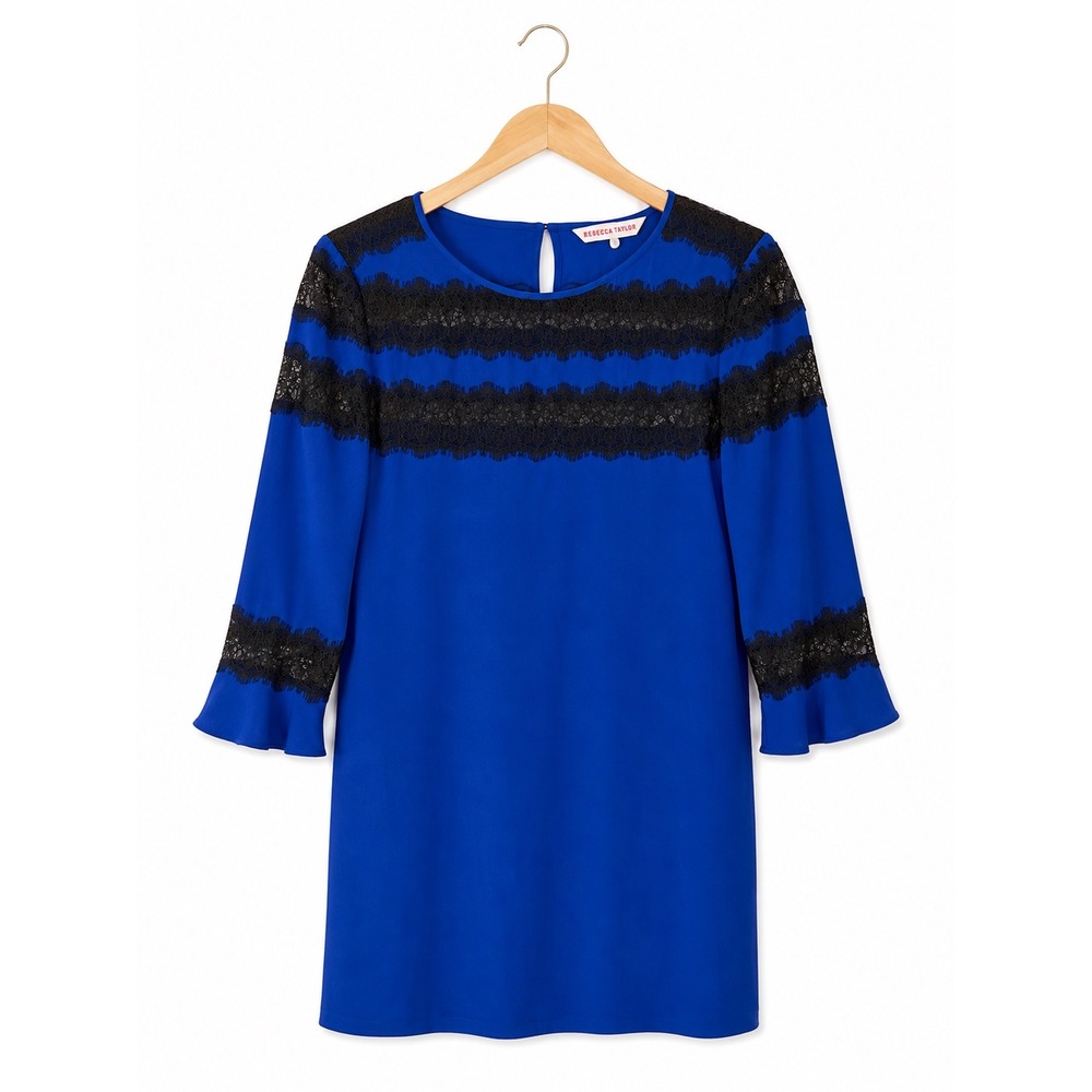 Rebecca Taylor Silk Dress Blue Black Lace 3/4 Sleeve Shift Mini Cocktail Womens